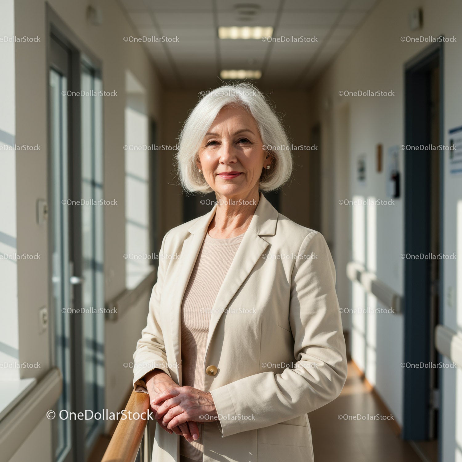 Pewna siebie starsza bizneswoman spacerująca po korytarzu nowoczesnego biura
