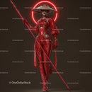 Futuristic Samurai in Neon Red Armor Holding Umbrella