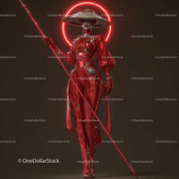 Futuristic Samurai in Neon Red Armor Holding Umbrella