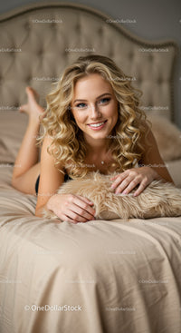Smiling woman with curly hair relaxing on bed