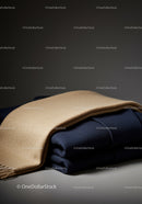 Elegant Clothing Stack with Navy Suit and Beige Coat on Neutral Background