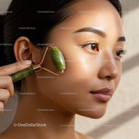 Young Woman Using Jade Roller for Skin Rejuvenation and Facial Relaxation