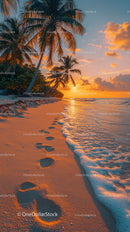 Tropical Beach Sunset with Palm Trees and Footprints in Sand