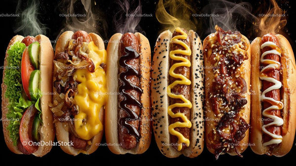 Variety of Gourmet Hot Dogs with Different Toppings and Sauces