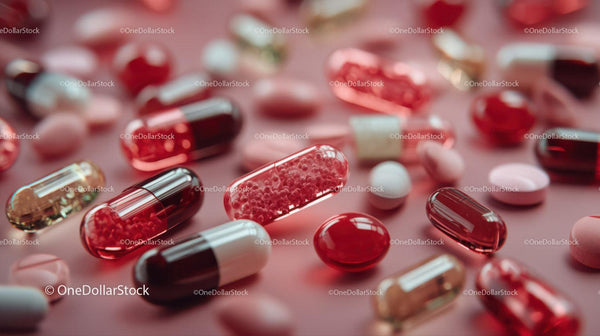 Colorful Assortment of Pills and Capsules on Pink Background