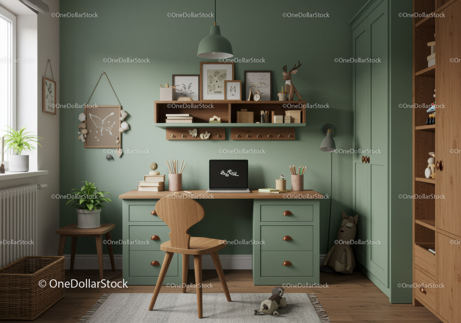 Cozy Study Room with Green Wall and Wooden Furniture