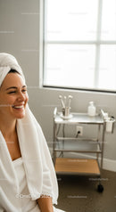 Happy Woman Relaxing at Spa During Skincare Session with Towels