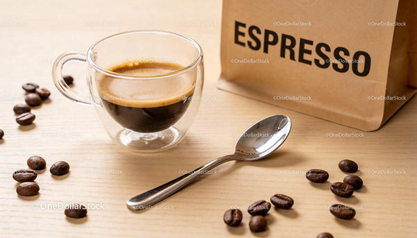 Freshly brewed espresso in clear glass cup with coffee beans