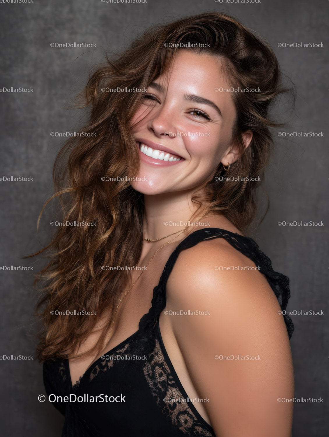 Portrait of a Smiling Woman with Curly Hair in Black Lace Dress