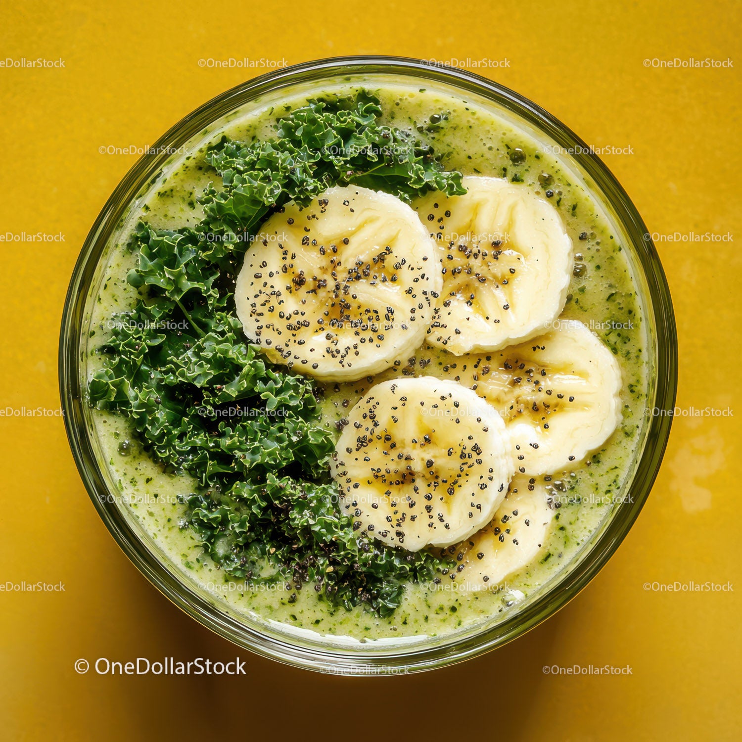 Healthy Banana and Kale Smoothie Bowl with Chia Seeds on Yellow Background