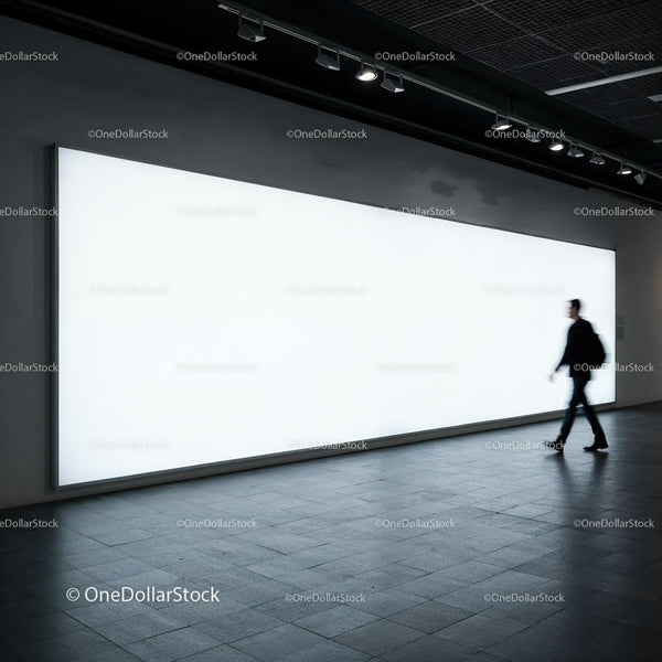 Blurred man walking past large glowing billboard JPG Mockup Image