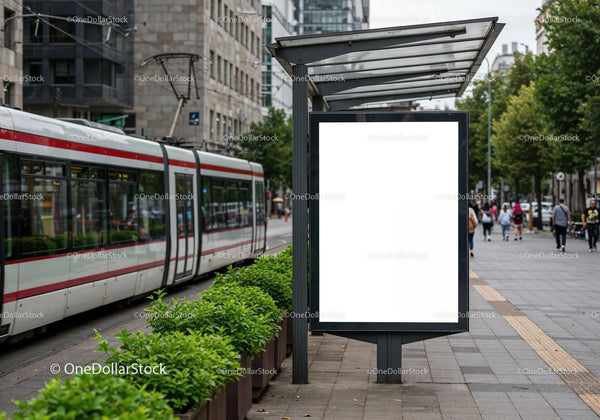 Empty urban billboard at modern tram stop in city JPG Mockup Image