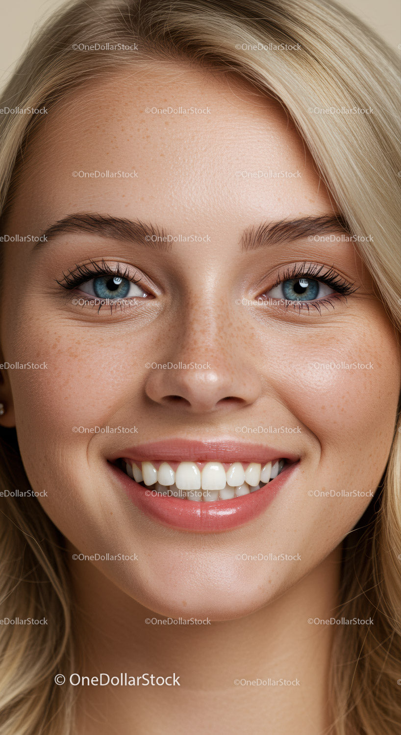 Closeup of smiling young woman with clear skin and freckles