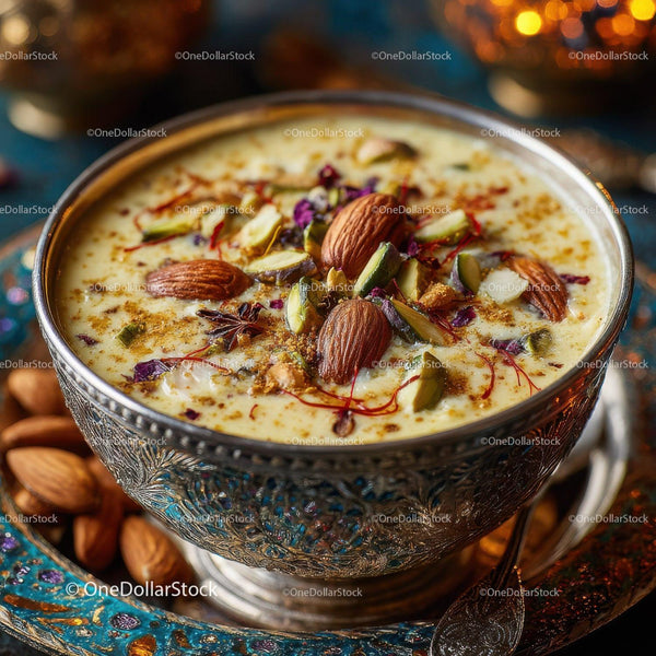 Elegant Indian Saffron Milk Pudding with Nuts and Flower Garnishes