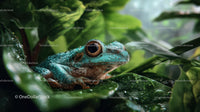 Vibrant Blue Frog Camouflaged Among Lush Green Jungle Leaves