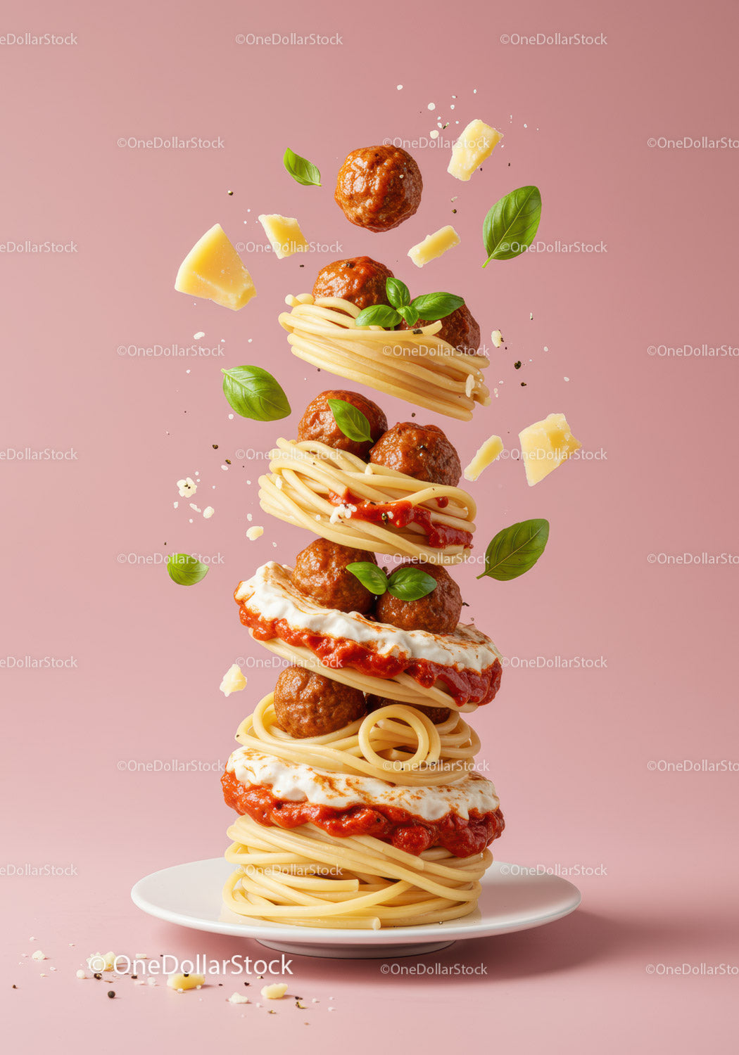 Pływający spaghetti z klopsikami i liśćmi bazylii