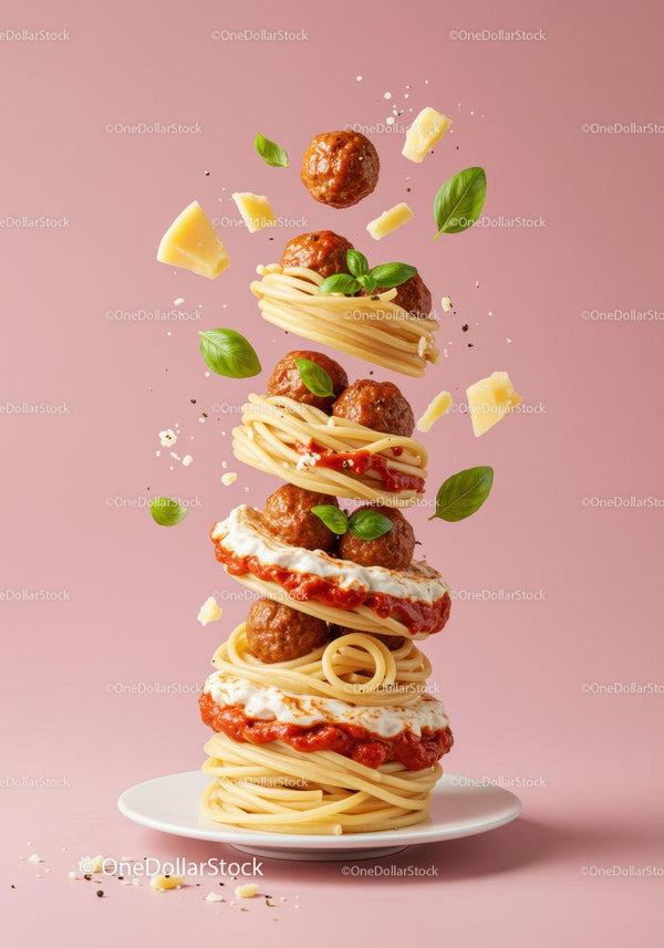 Floating Spaghetti with Meatballs and Basil Leaves