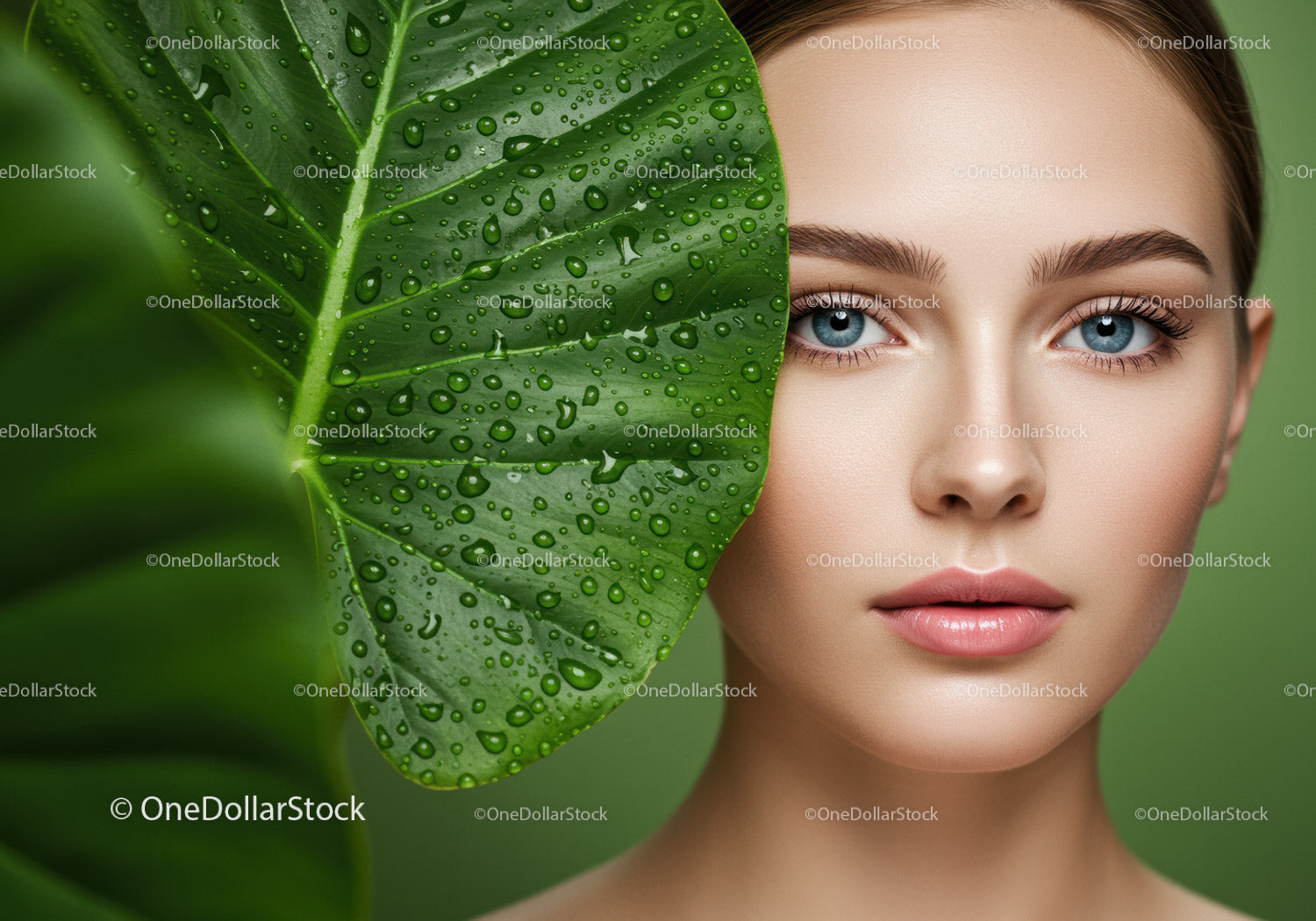 Beautiful Woman with Blue Eyes and Green Leaf in Natural Setting