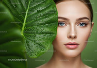 Beautiful Woman with Blue Eyes and Green Leaf in Natural Setting