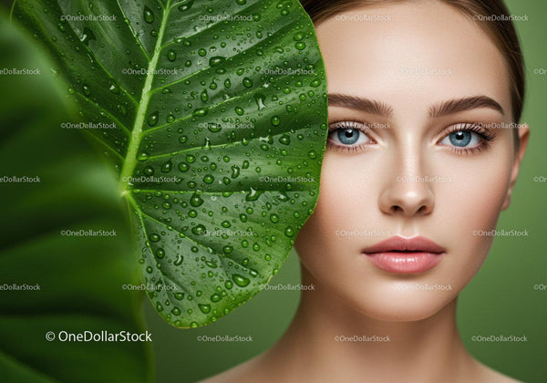 Beautiful Woman with Blue Eyes and Green Leaf in Natural Setting