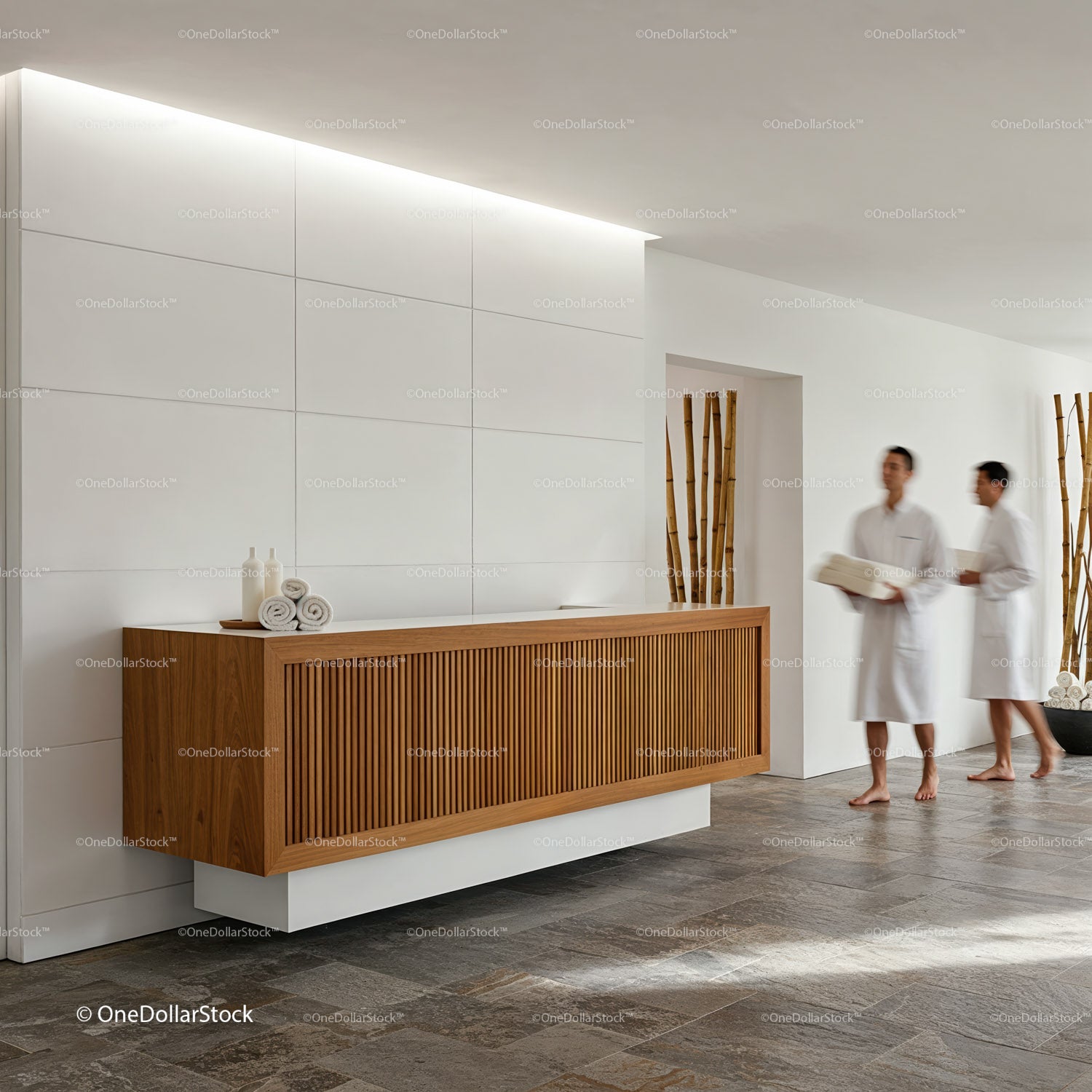 Minimalistyczna recepcja spa z personelem niosącym ręczniki