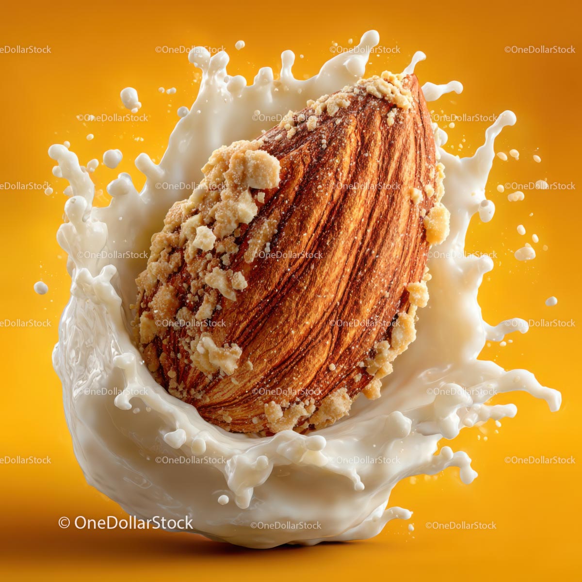 Almond Splashing into Creamy Milk on Vibrant Yellow Background