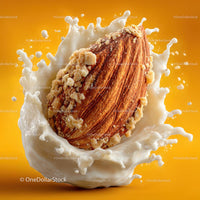 Almond Splashing into Creamy Milk on Vibrant Yellow Background