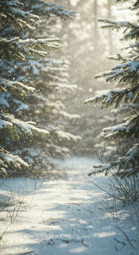 Snowy forest path with sunlit falling snowflakes