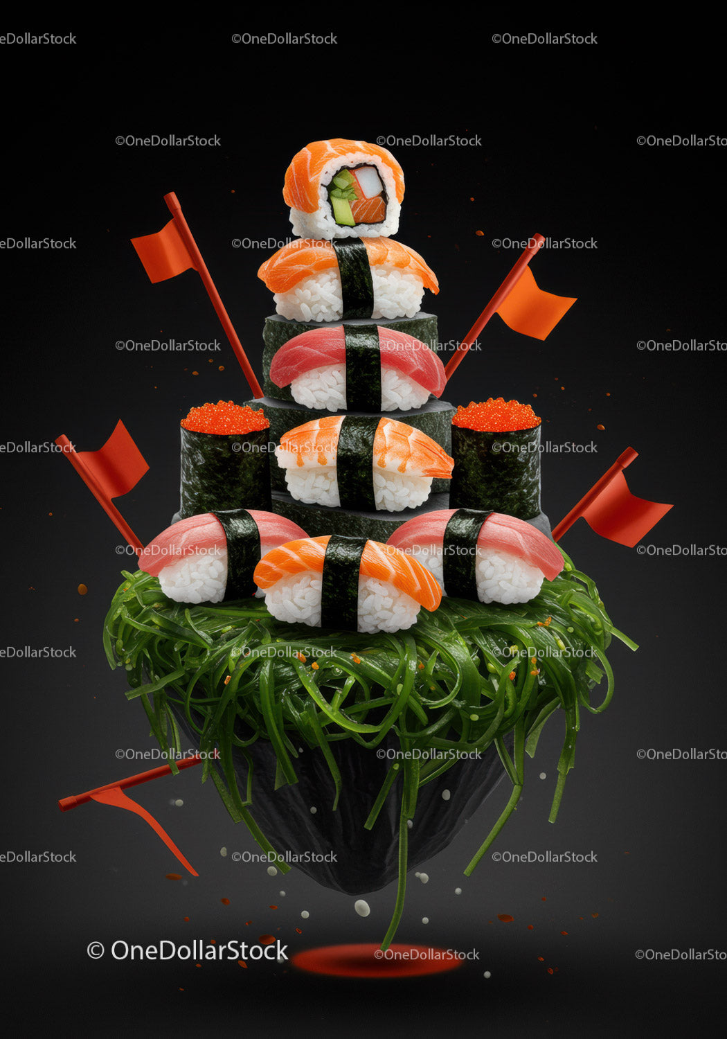 Creative Sushi Tower with Seaweed Salad and Flags