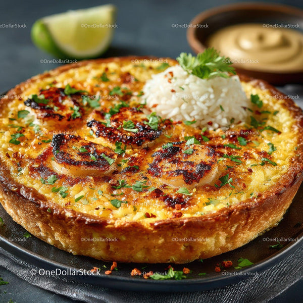 Pizza z owocami morza z krewetkami, kolendrą i kawałkiem limonki