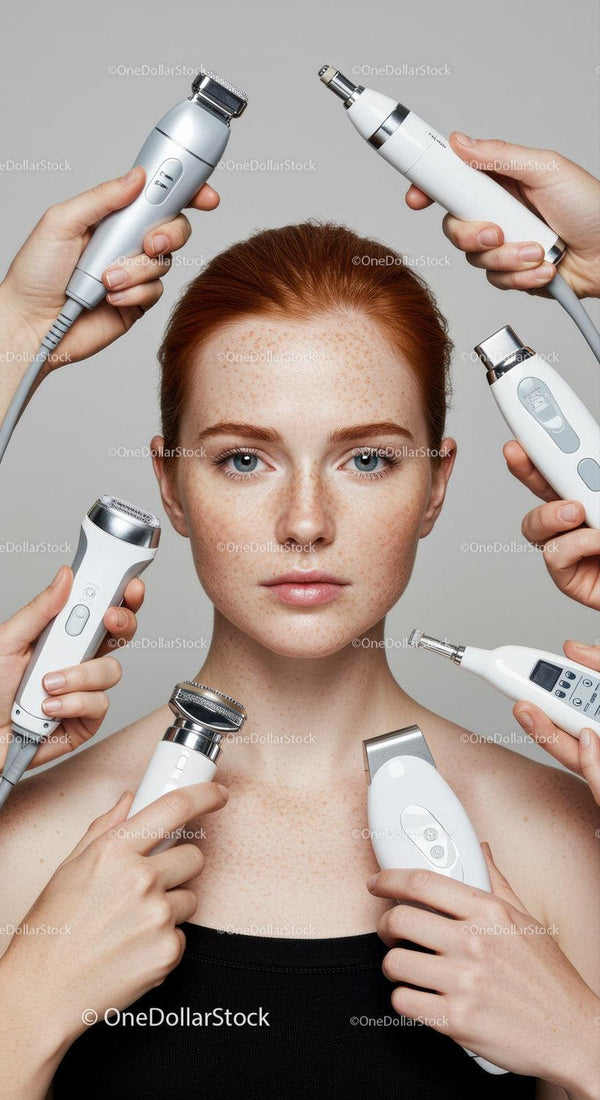 Young Woman Receiving Multiple Skincare Treatments with Modern Gadgets