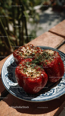 Stuffed Red Peppers with Herbs in GardenSetting