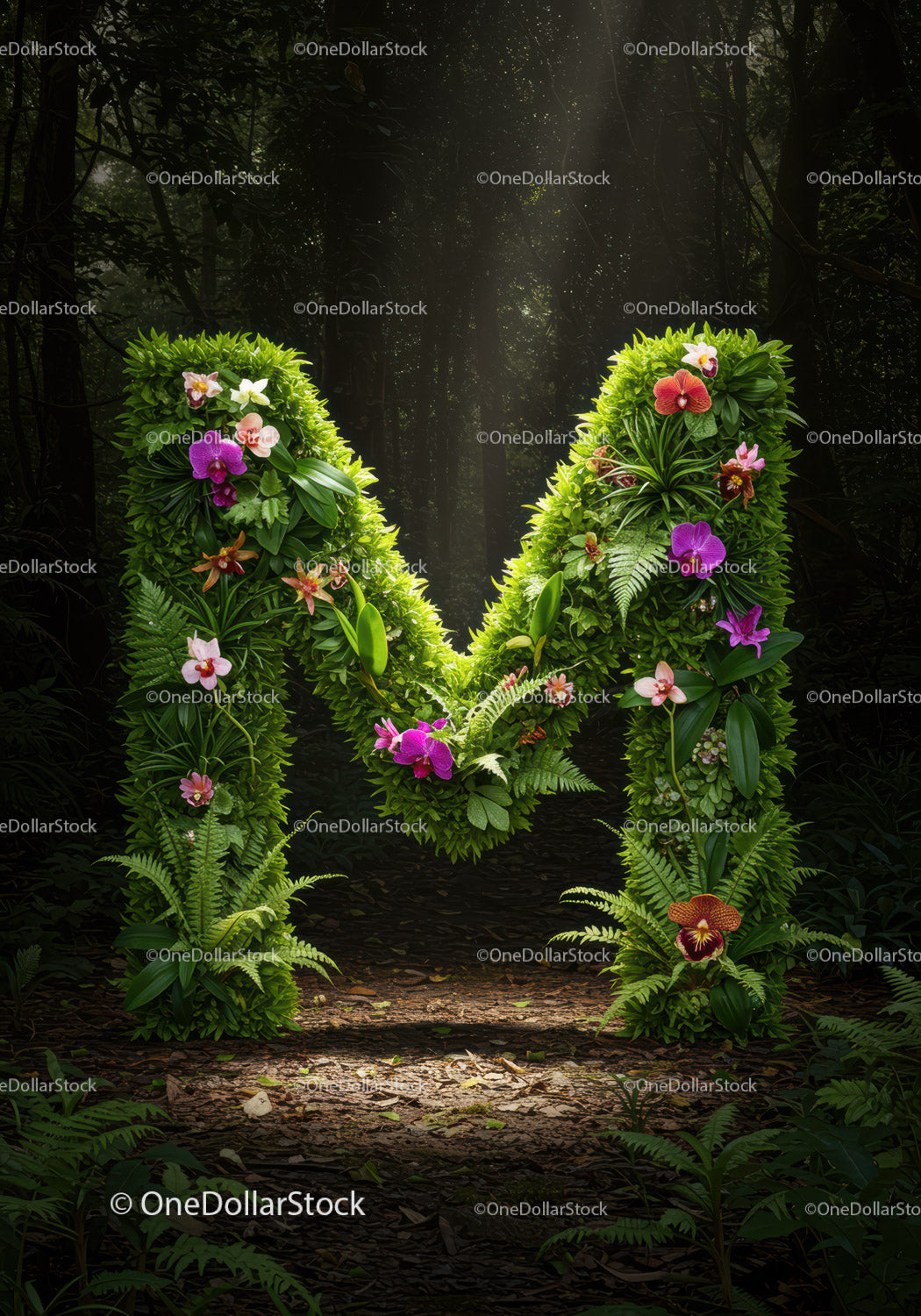 Green Letter M Made of Leaves and Colorful Flowers in Forest