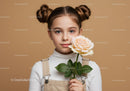 Young Girl with Pale Peach Rose Portrait on Soft Beige Background