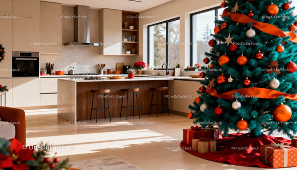 Modern kitchen with festive Christmas tree and decorations
