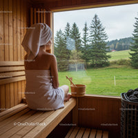 Relaxing Woman Sitting in Wooden Sauna With Scenic Forest View
