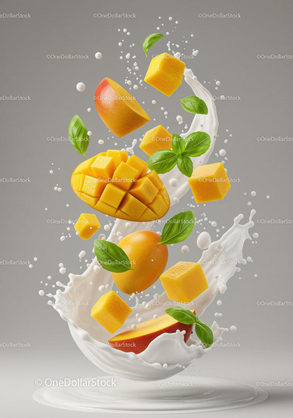 Świeże Kostki Mango i Liście Bazylii W Plusku Mleka