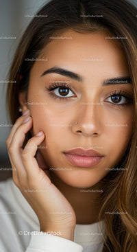 Beautiful Young Woman with Brown Eyes and Flawless Skin for Beauty Campaign