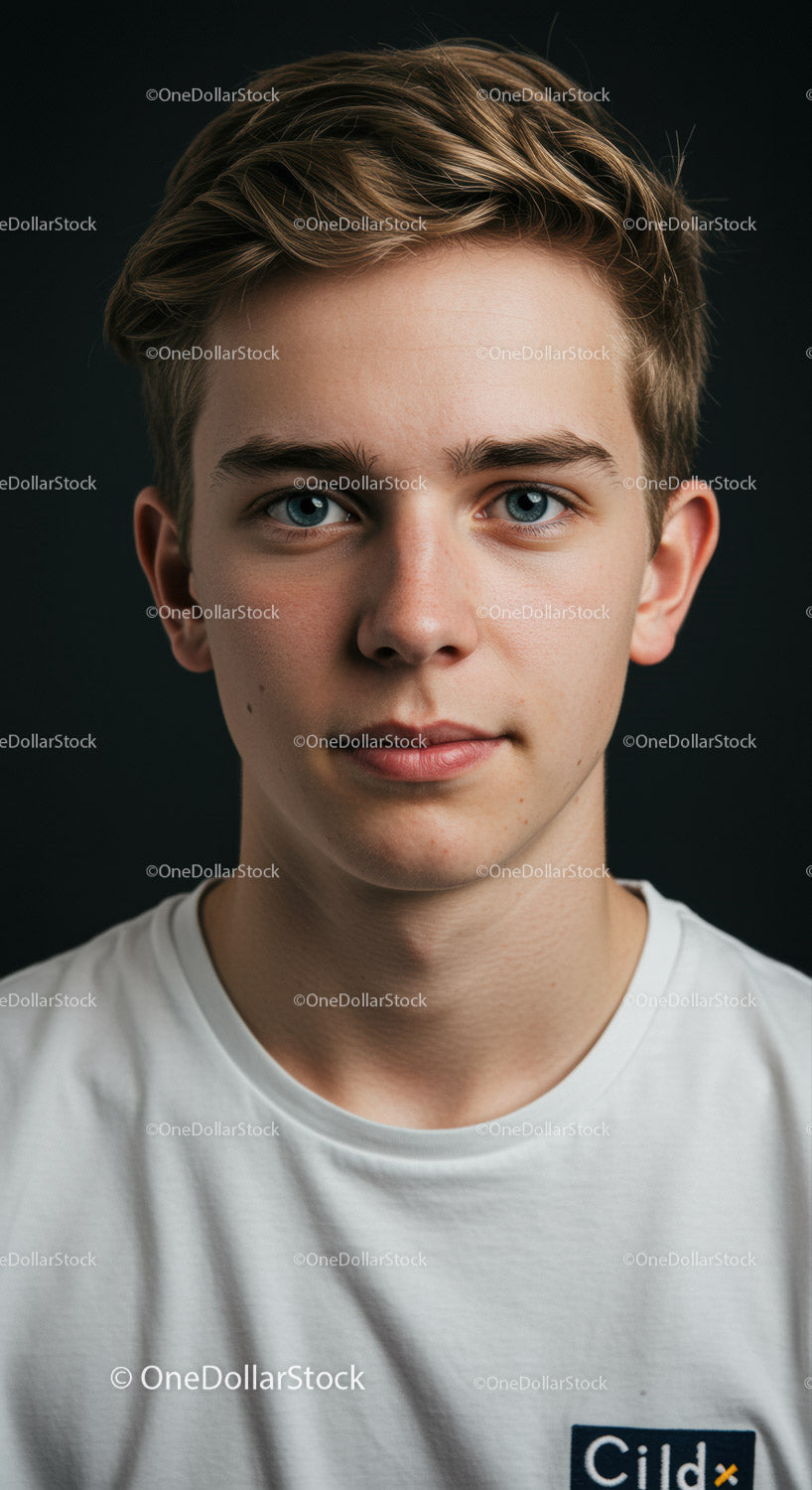 Portrait of a Confident Teenage Boy with Blue Eyes and Stylish Hair