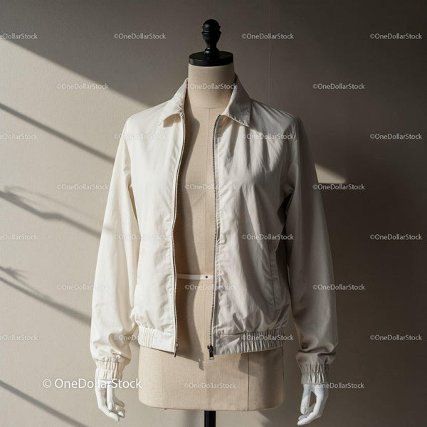 Minimalist cream jacket displayed on tailor mannequin JPG Mockup Image