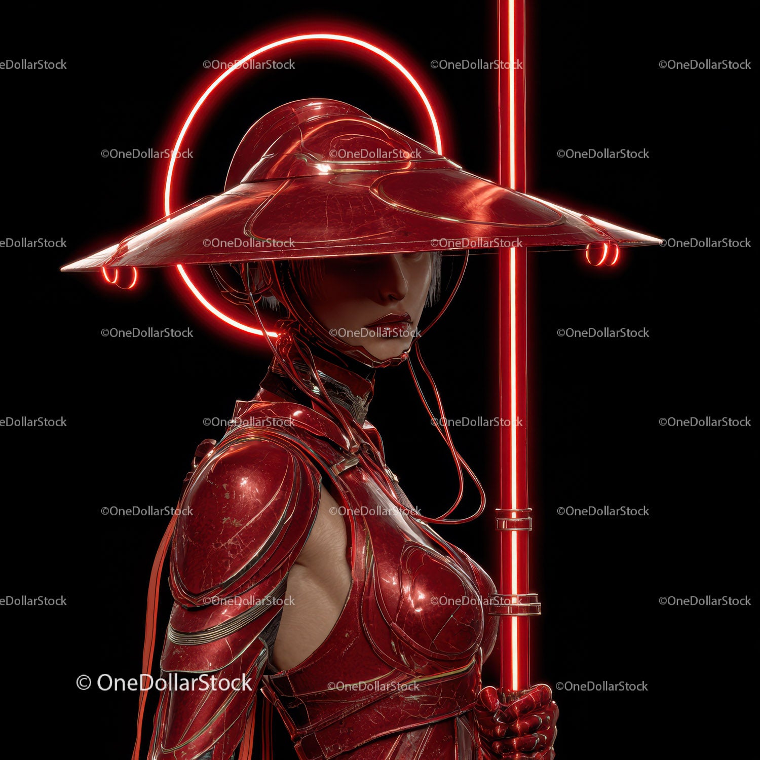 Futuristic Samurai in Neon Red Armor Holding Umbrella