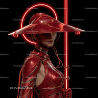 Futuristic Samurai in Neon Red Armor Holding Umbrella