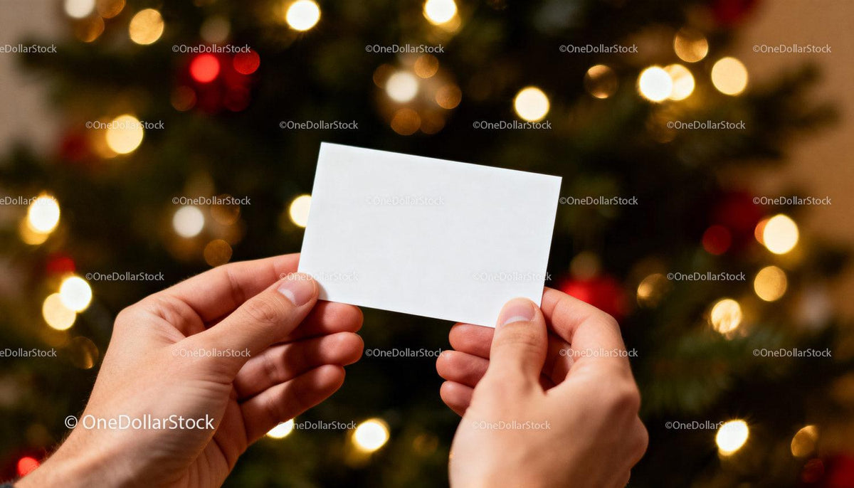 Hands Holding Blank Card with Festive Christmas Lights JPG Mockup Image preview