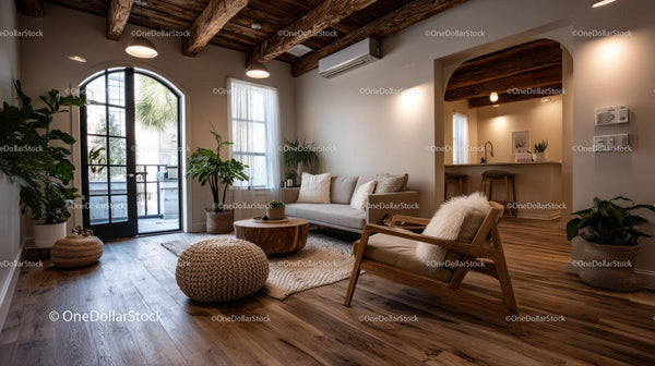 Cozy Modern Living Room with Wooden Ceiling Beams and Indoor Plants