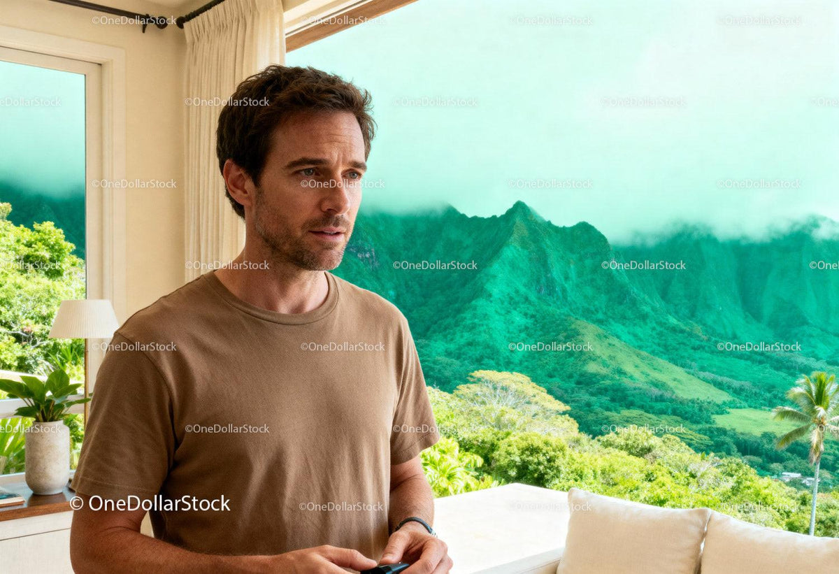 Thoughtful man standing by window with mountain view