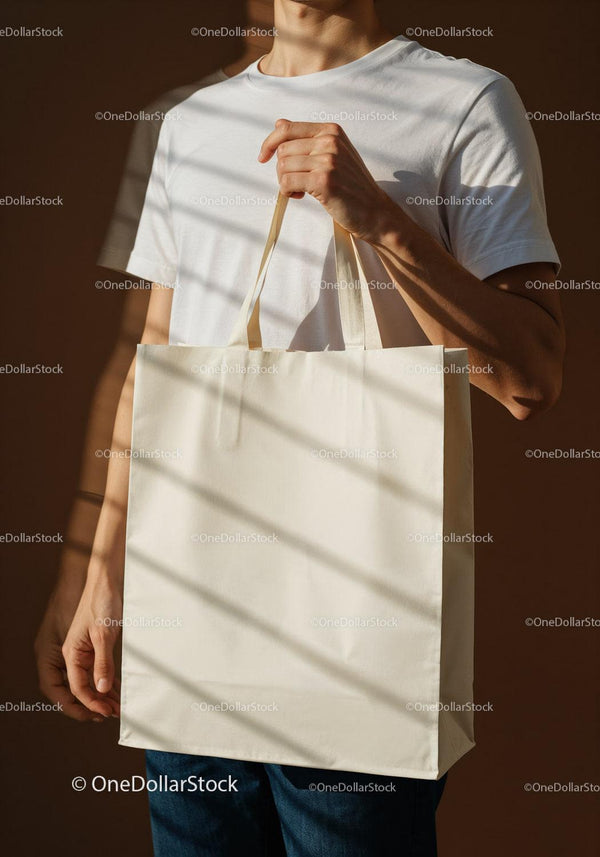Person Holding Plain Reusable Cotton Tote Bag JPG Mockup Image