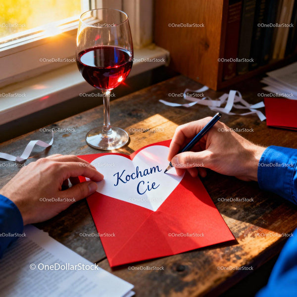 Man Writing Love Note With Wine On Wooden Table