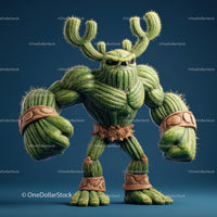 Vibrant Green Anthropomorphic Cactus Character with Muscular Build