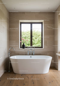 Contemporary Bathroom with Freestanding Tub and Large Window