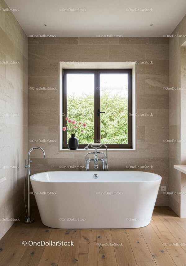 Contemporary Bathroom with Freestanding Tub and Large Window